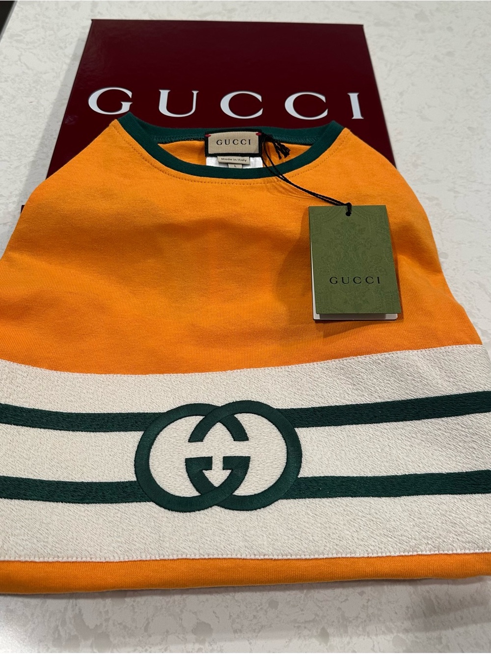 Gucci Orange Crewneck Sweater with White & Dark Green Stripes